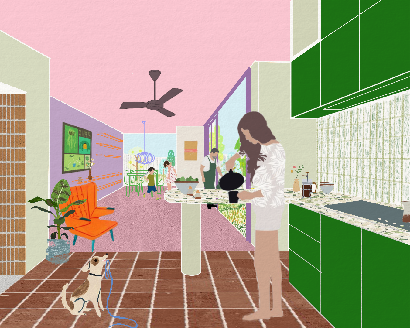 Waterloo House open plan kitchen drawing.
